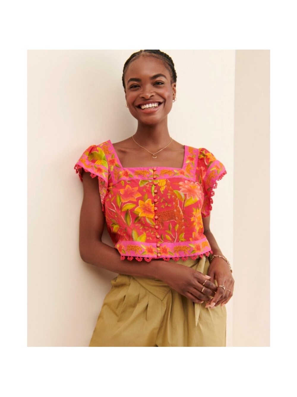Bright Pink Floral Square-Neck Crop Top